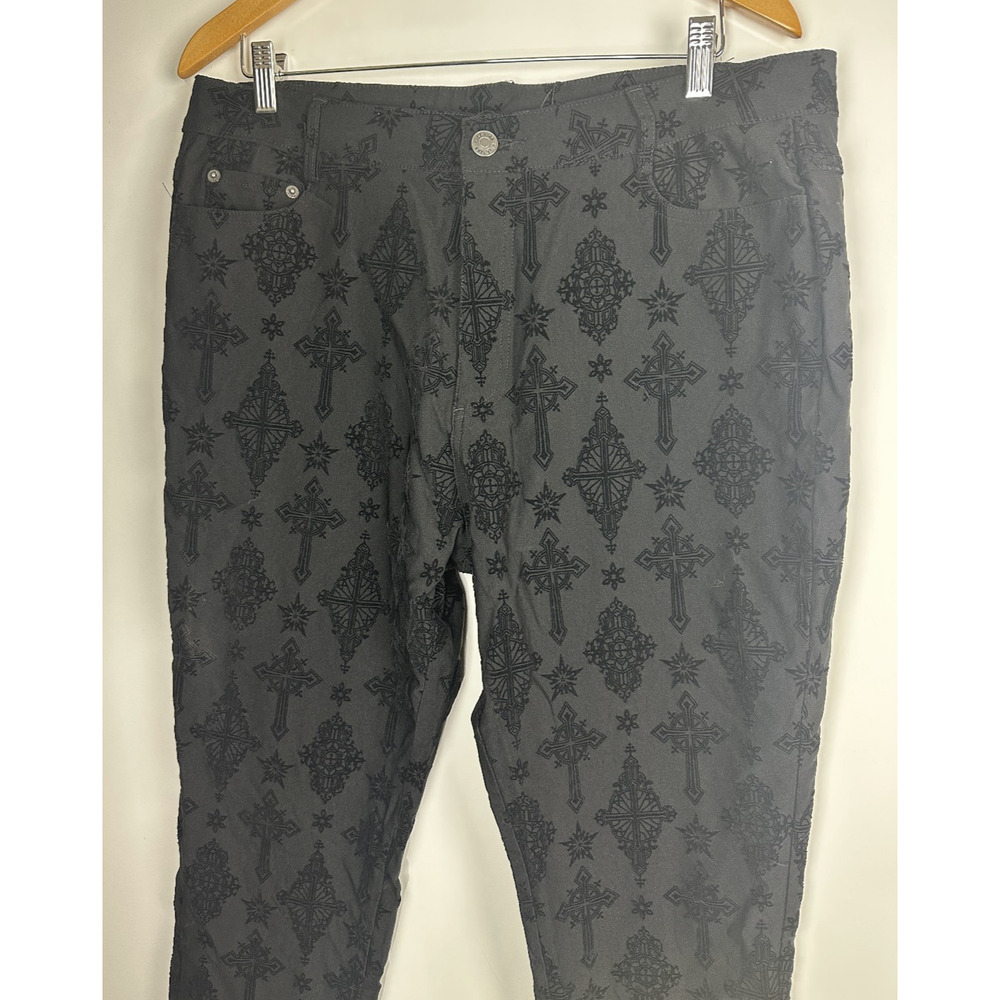 NWT Killstar Nora Flocked Trousers Velvet Baroque Cross XL Gothic Grunge Skinny - Picture 3 of 13